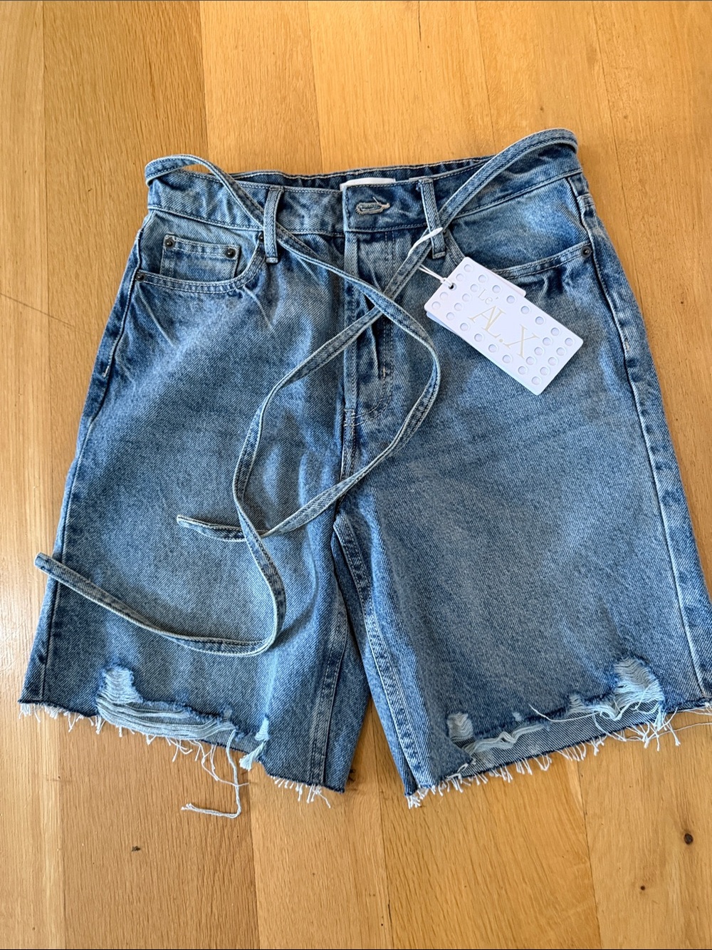 Light Blue Distressed High-Rise Denim Shorts with Self-Tie Belt